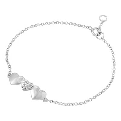 Sterling Silver Rhodium Plated 3 Heart CZ Bracelet
