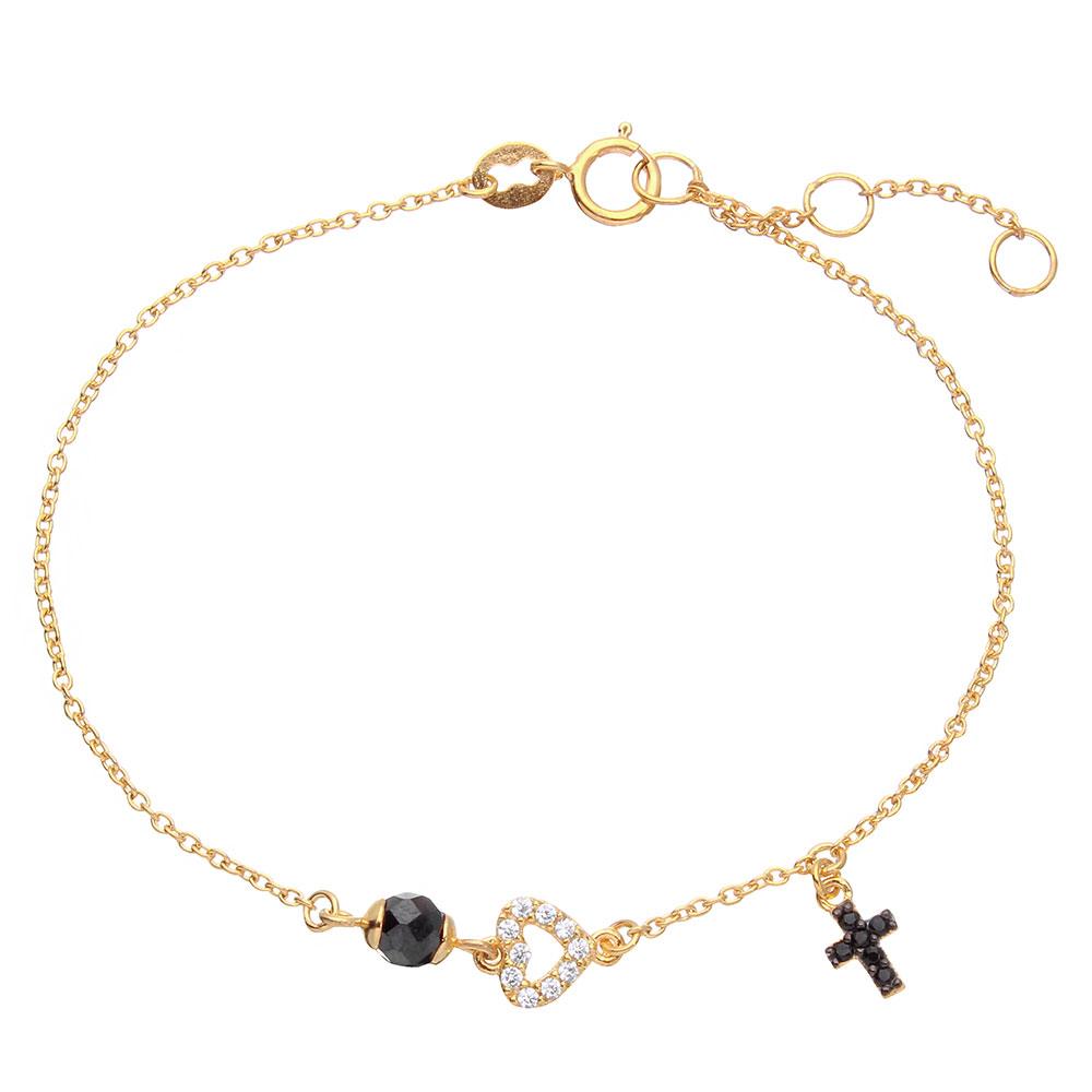 Sterling Silver Gold Plated Bracelet With CrossAnd Open Heart And Black CZ Bead