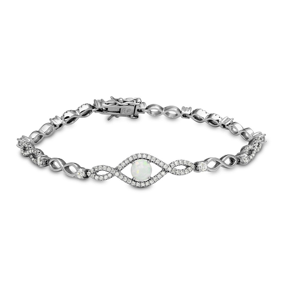 Sterling Silver Rhodium Plated CZ Eye Bracelet With Synthetic Opal