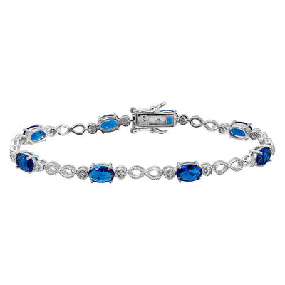 Sterling Silver Rhodium Plated Infinity Links Blue Oval CZ Bracelet