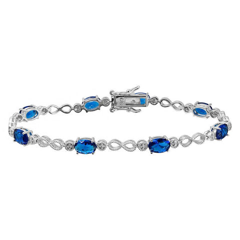 Sterling Silver Rhodium Plated Infinity Links Blue Oval CZ Bracelet