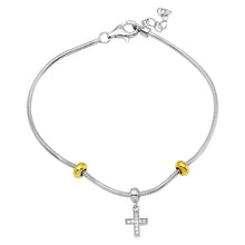 Load image into Gallery viewer, Sterling Silver Rhodium Plated Snake Bracelet With CZ Cross Charm