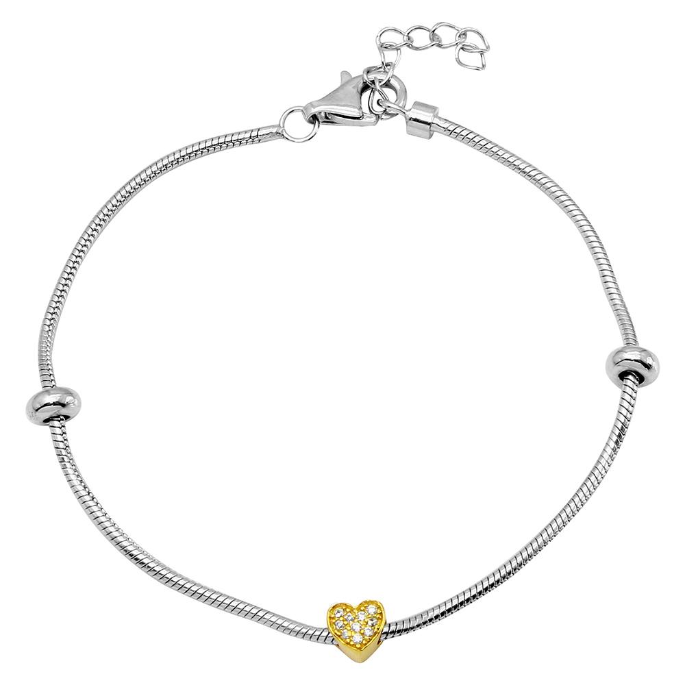 Sterling Silver Rhodium Plated Snake Bracelet With Gold Plated CZ Heart Charm