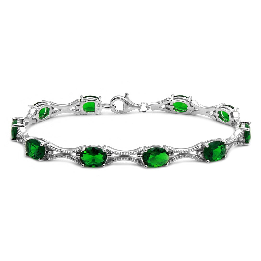 Sterling Silver Rhodium Plated Green Oval CZ Tennis Bracelet