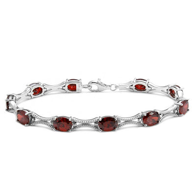 Sterling Silver Rhodium Plated Red Oval CZ Tennis Bracelet