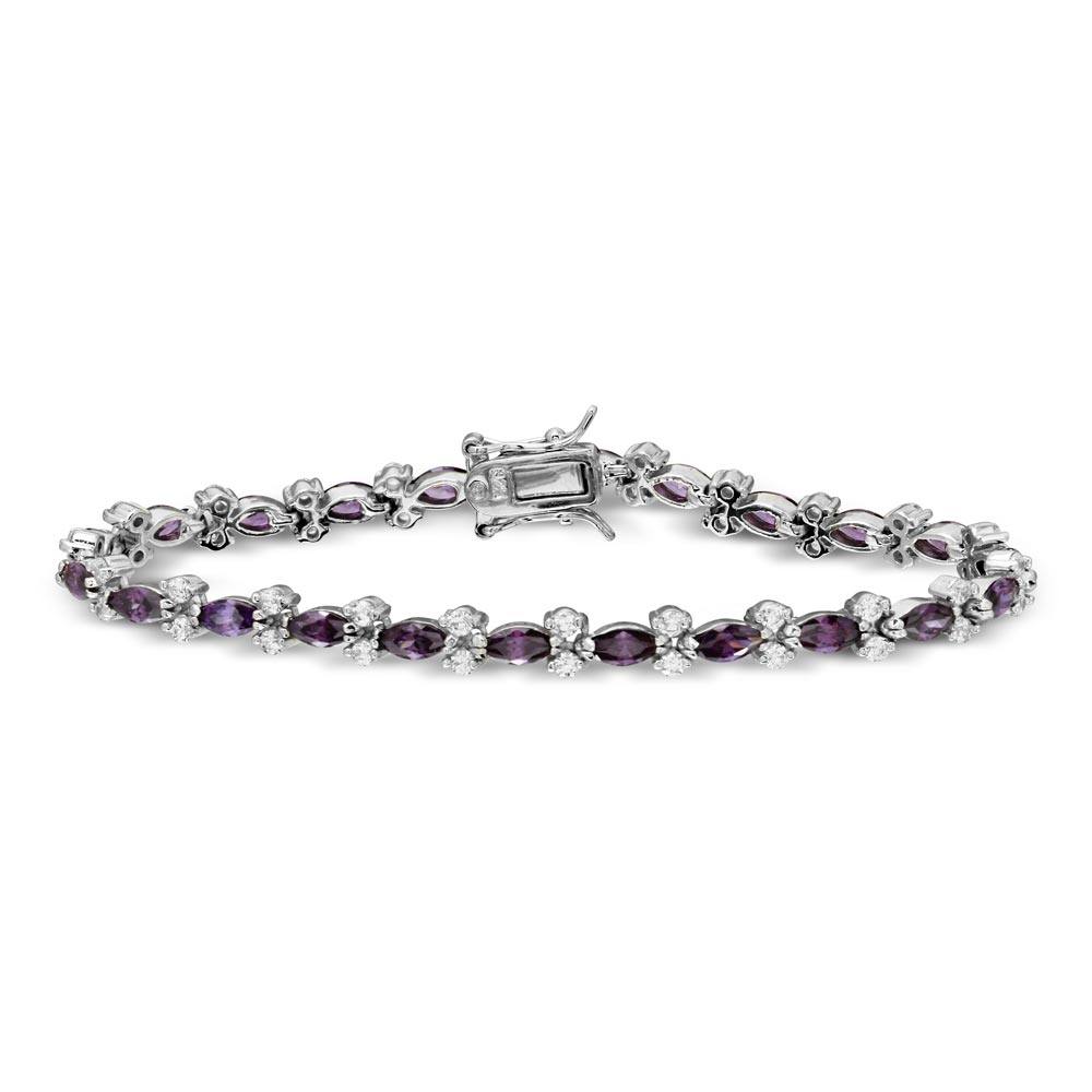 Sterling Silver Rhodium Plated Purple Marquise and Clear Round CZ Tennis Bracelet