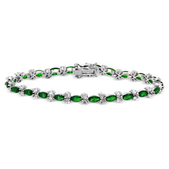Sterling Silver Rhodium Plated Green Marquise and Clear Round CZ Tennis Bracelet