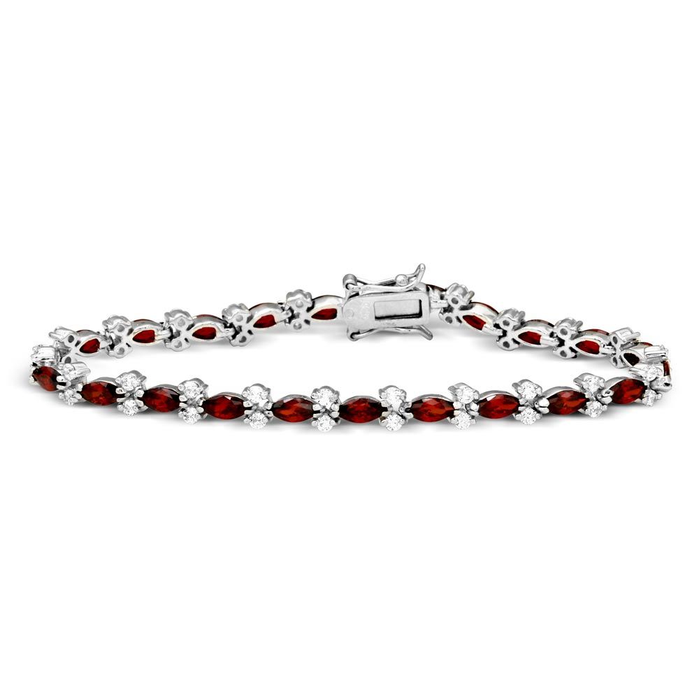 Sterling Silver Rhodium Plated Red Marquise and Clear Round CZ Tennis Bracelet