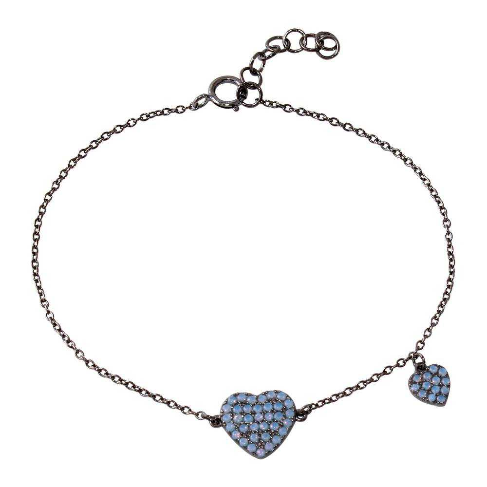 Sterling Silver Black Rhodium Plated Big Heart with Opal and Dangling Small Heart with Opal Lariat Bracelet
