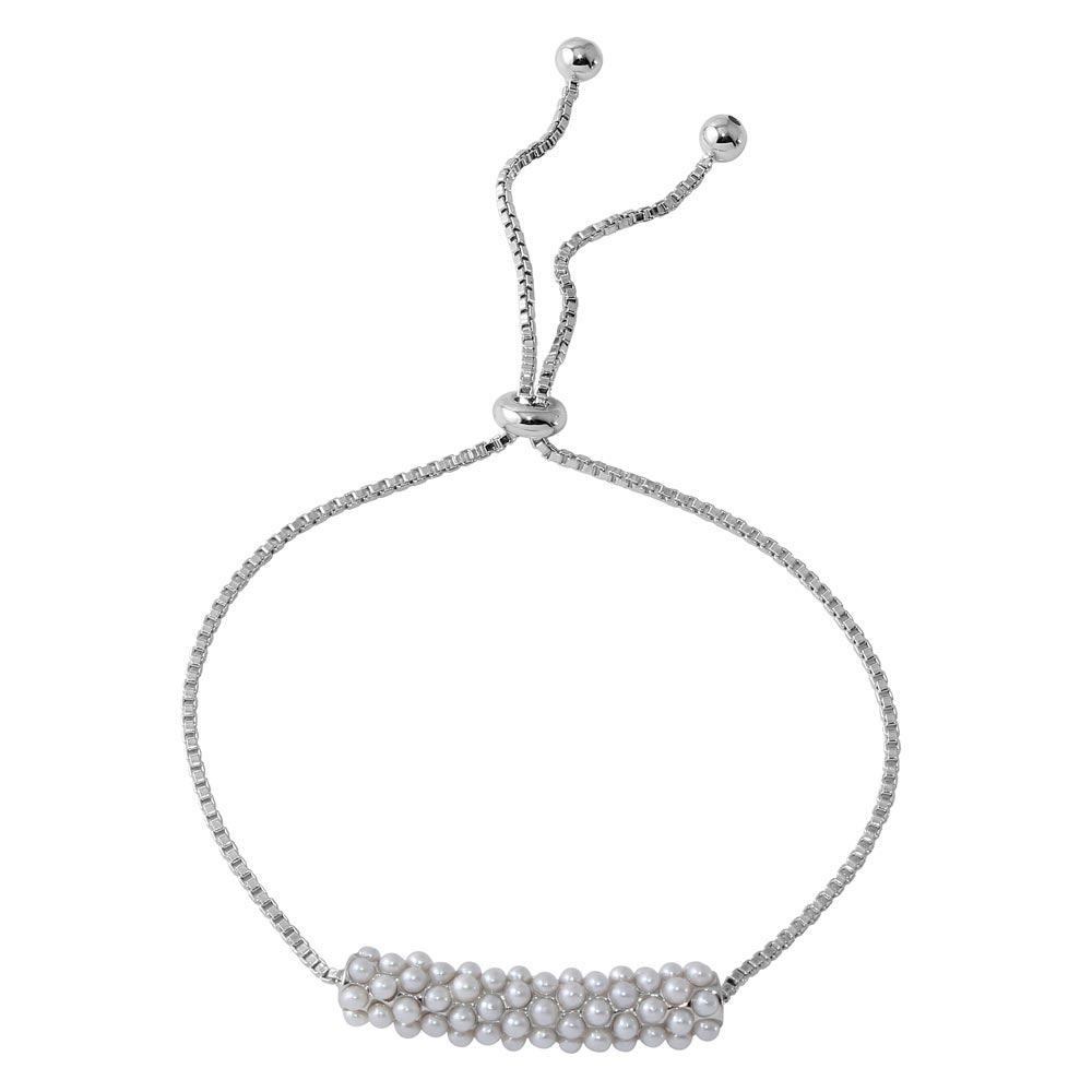 Sterling Silver Rhodium Plated Slanted Bar with Synthetic Mother of Pearls Lariat Bracelet