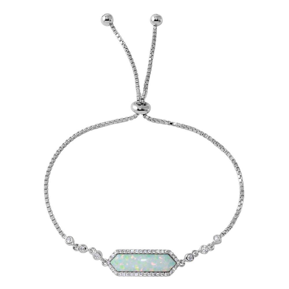 Sterling Silver Rhodium Plated White Opal with CZ Lariat Bracelet