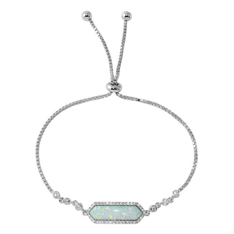 Sterling Silver Rhodium Plated White Opal with CZ Lariat Bracelet