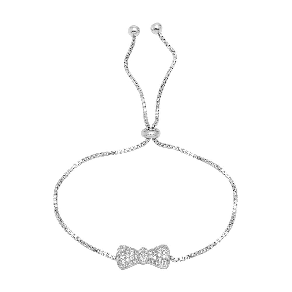 Sterling Silver Rhodium Plated BowTie Lariat Bracelet with CZ