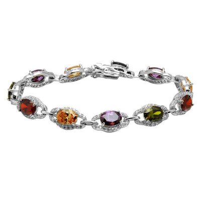Sterling Silver Rhodium Plated Multi Color Round CZ Tennis Bracelet