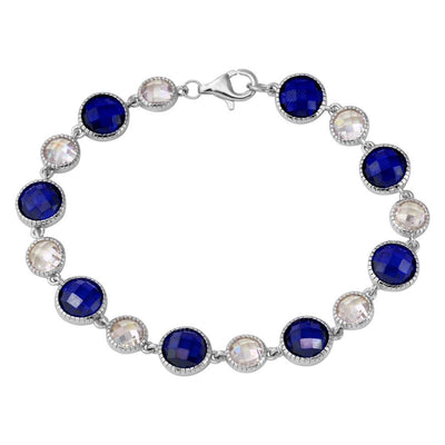 Sterling Silver Rhodium Plated Alternating Round Blue and Clear CZ Tennis Bracelet