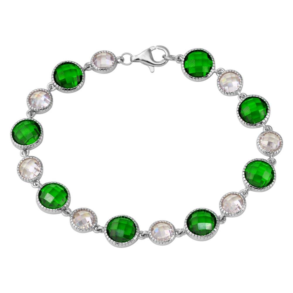 Sterling Silver Rhodium Plated Alternating Round Green and Clear CZ Tennis Bracelet