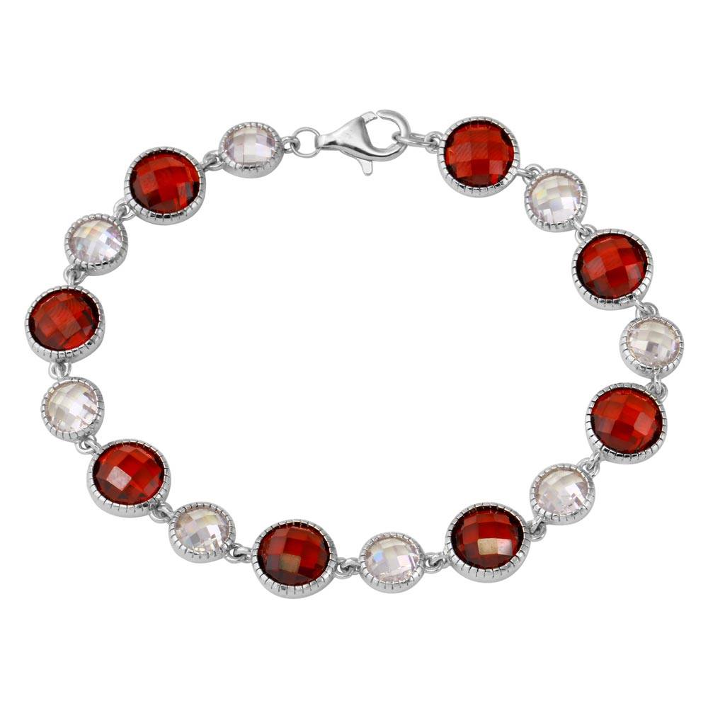 Sterling Silver Rhodium Plated Alternating Round Red and Clear CZ Tennis Bracelet