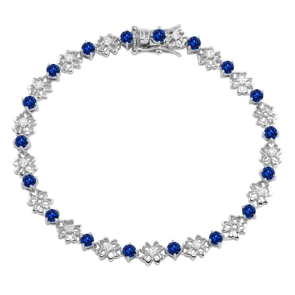 Sterling Silver Rhodium Plated Flower Link Bracelet with Clear and Blue CZ
