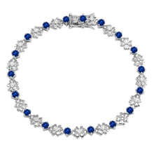 Load image into Gallery viewer, Sterling Silver Rhodium Plated Flower Link Bracelet with Clear and Blue CZ