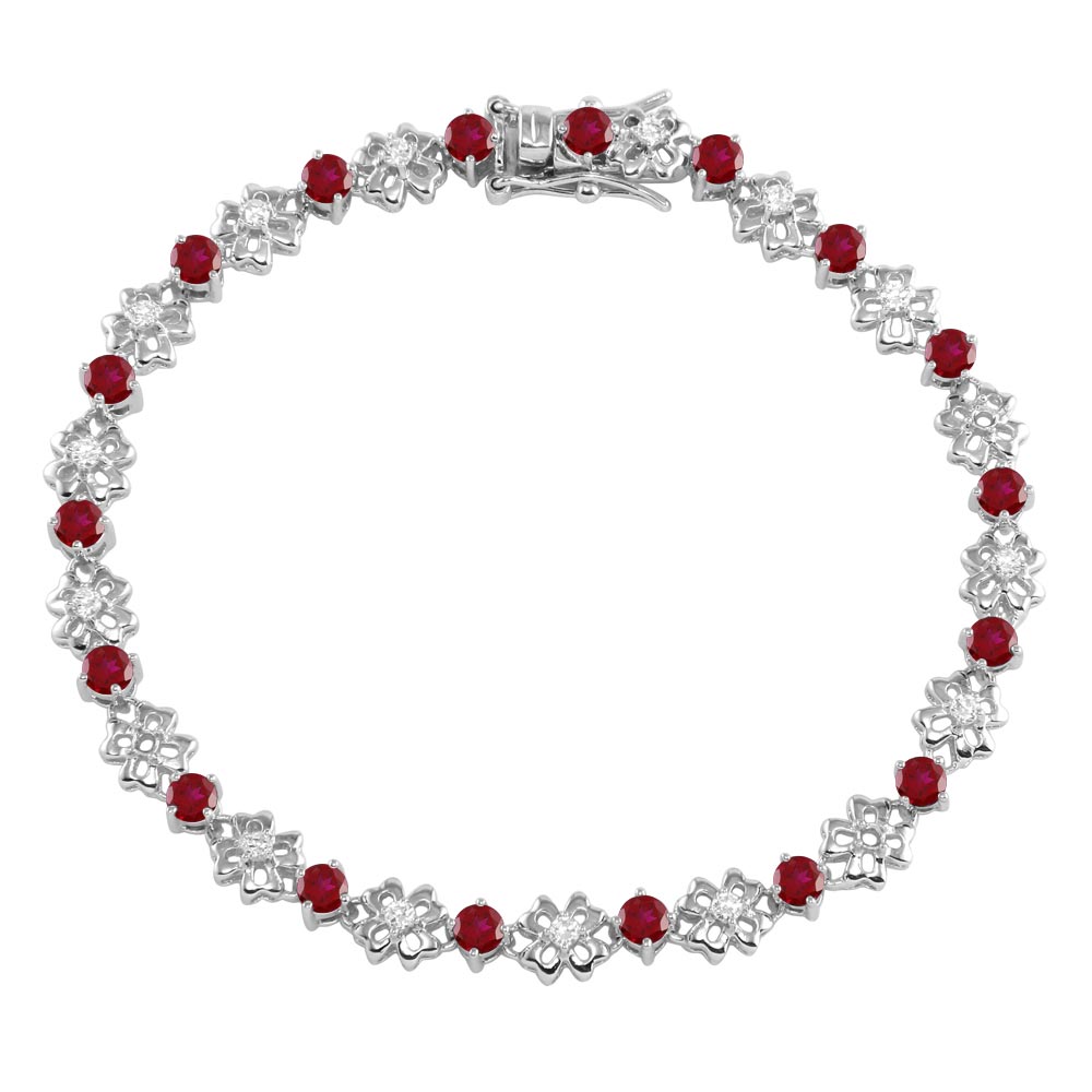 Sterling Silver Rhodium Plated Flower Link Bracelet With Clear And Red CZ