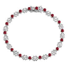 Load image into Gallery viewer, Sterling Silver Rhodium Plated Flower Link Bracelet With Clear And Red CZ