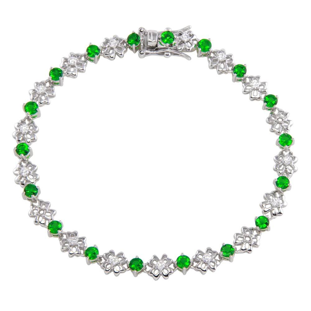 Sterling Silver Rhodium Plated Flower Link Bracelet with Clear and Green CZ