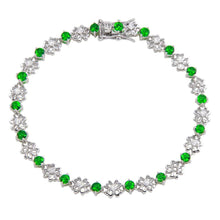 Load image into Gallery viewer, Sterling Silver Rhodium Plated Flower Link Bracelet with Clear and Green CZ