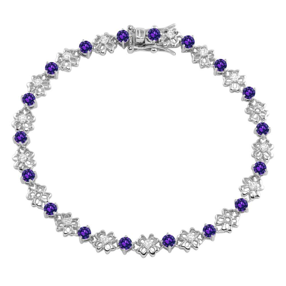 Sterling Silver Rhodium Plated Flower Link Bracelet with Clear and Purple CZ