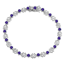 Load image into Gallery viewer, Sterling Silver Rhodium Plated Flower Link Bracelet with Clear and Purple CZ