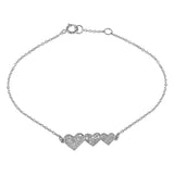 Sterling Silver Rhodium Plated Double Three CZ Hearts Chain Bracelet