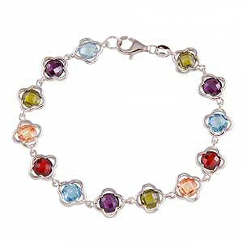 Sterling Silver Rhodium Plated Multi-Color Flower Bracelet