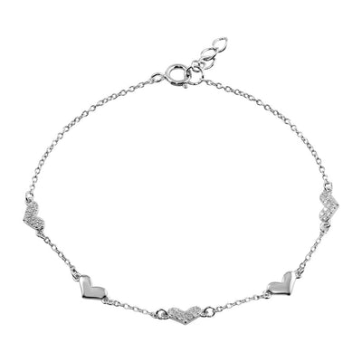 Sterling Silver Rhodium Plated CZ Hearts Chain Bracelet