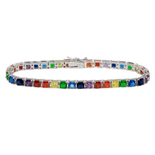 Load image into Gallery viewer, Sterling Silver Rhodium Plated Square Rainbow CZ Tennis Bracelet