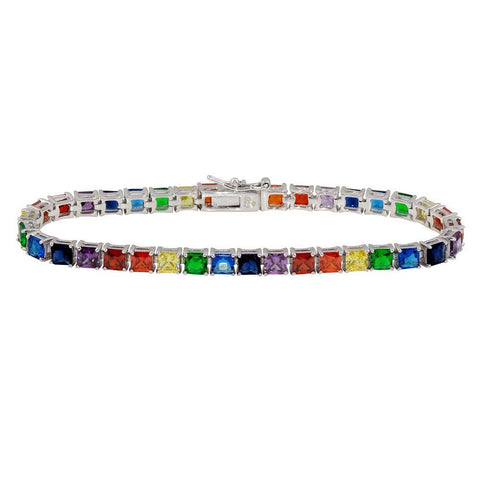 Sterling Silver Rhodium Plated Square Rainbow CZ Tennis Bracelet