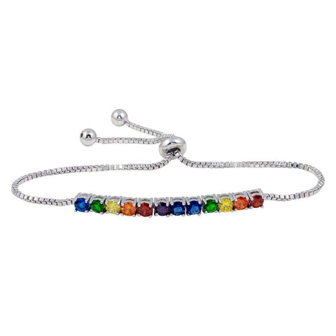 Sterling Silver Rhodium Plated Rainbow CZ Lariat Adjustable Bracelet