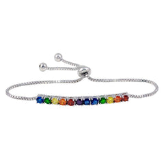 Sterling Silver Rhodium Plated Rainbow CZ Lariat Adjustable Bracelet