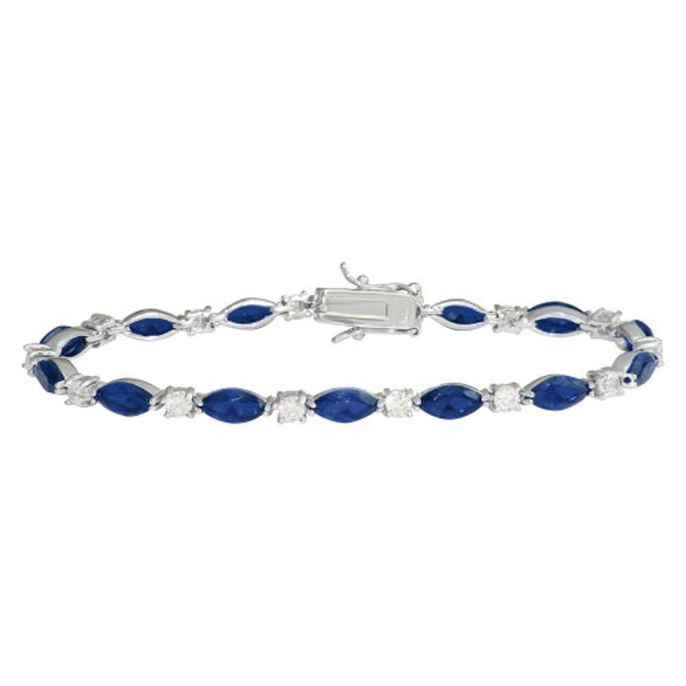 Sterling Silver Rhodium Plated Alternating Blue Oval CZ and Clear Round CZ Tennis Bracelet