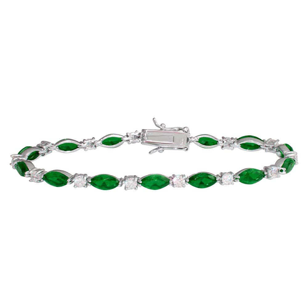 Sterling Silver Rhodium Plated Alternating Green Oval CZ and Clear Round CZ Tennis Bracelet
