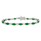 Sterling Silver Rhodium Plated Alternating Green Oval CZ and Clear Round CZ Tennis Bracelet