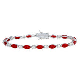 Sterling Silver Rhodium Plated Alternating Red Oval CZ and Clear Round CZ Tennis Bracelet