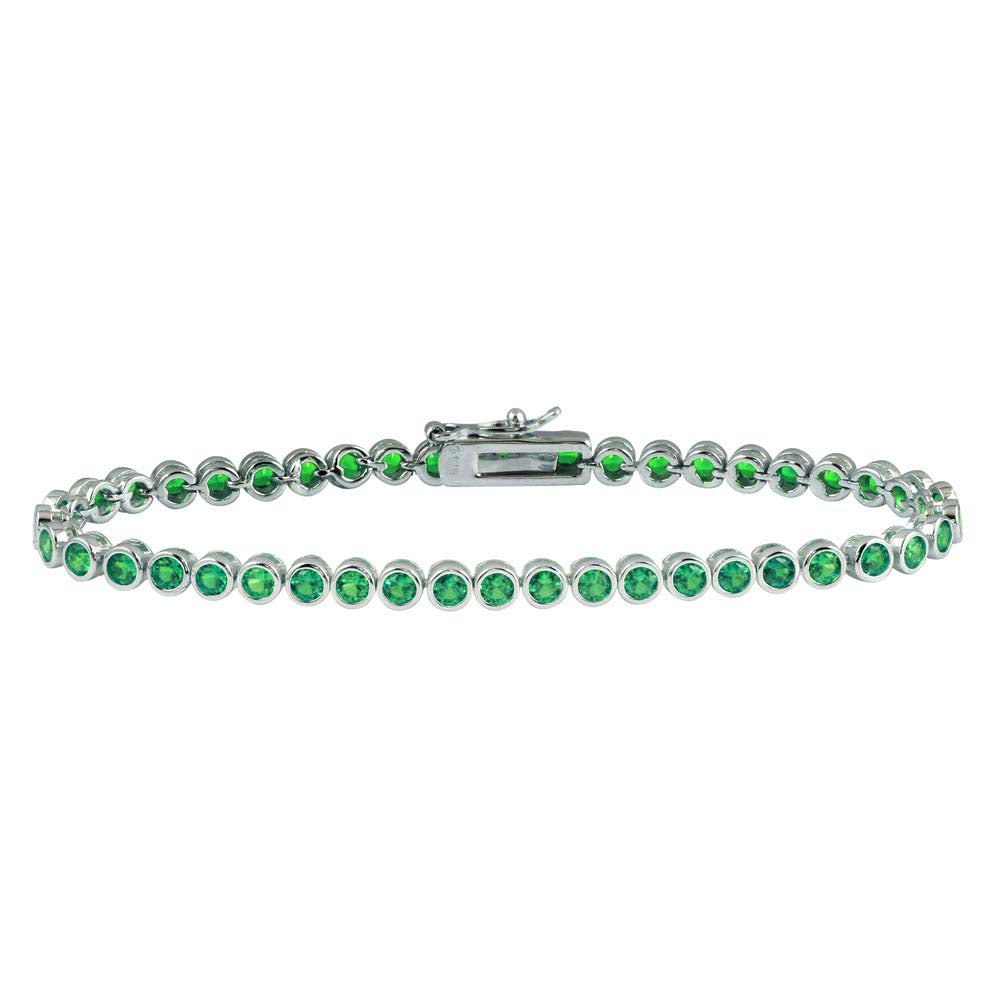 Sterling Silver Rhodium Plated Round CZ Green Tennis Bracelet