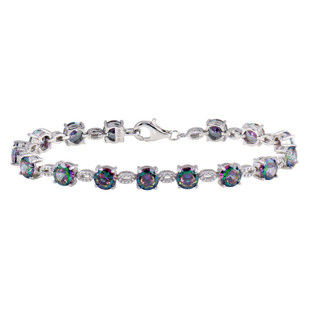 Sterling Silver Rhodium Plated Synthetic Mystic Topaz Link Tennis Bracelet