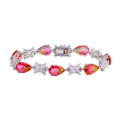 Sterling Silver Rhodium Plated Orange Pink Teardrop Tennis Bracelet