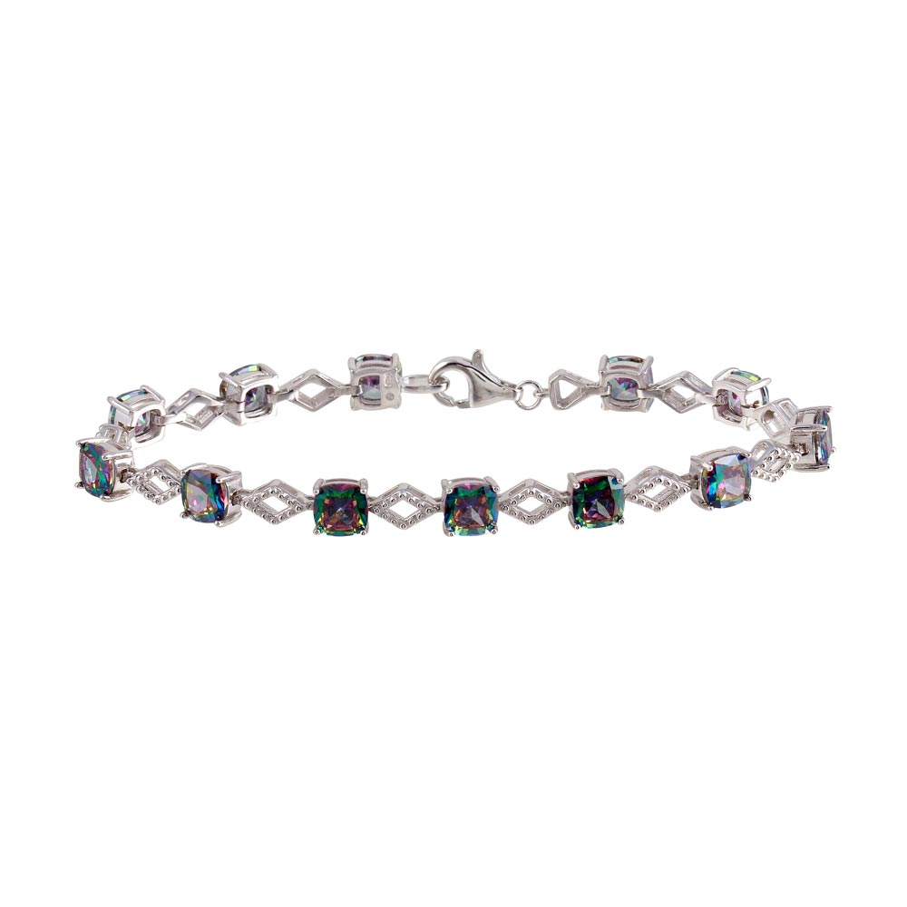 Sterling Silver Rhodium Plated Mystic Topaz CZ Link Bracelet