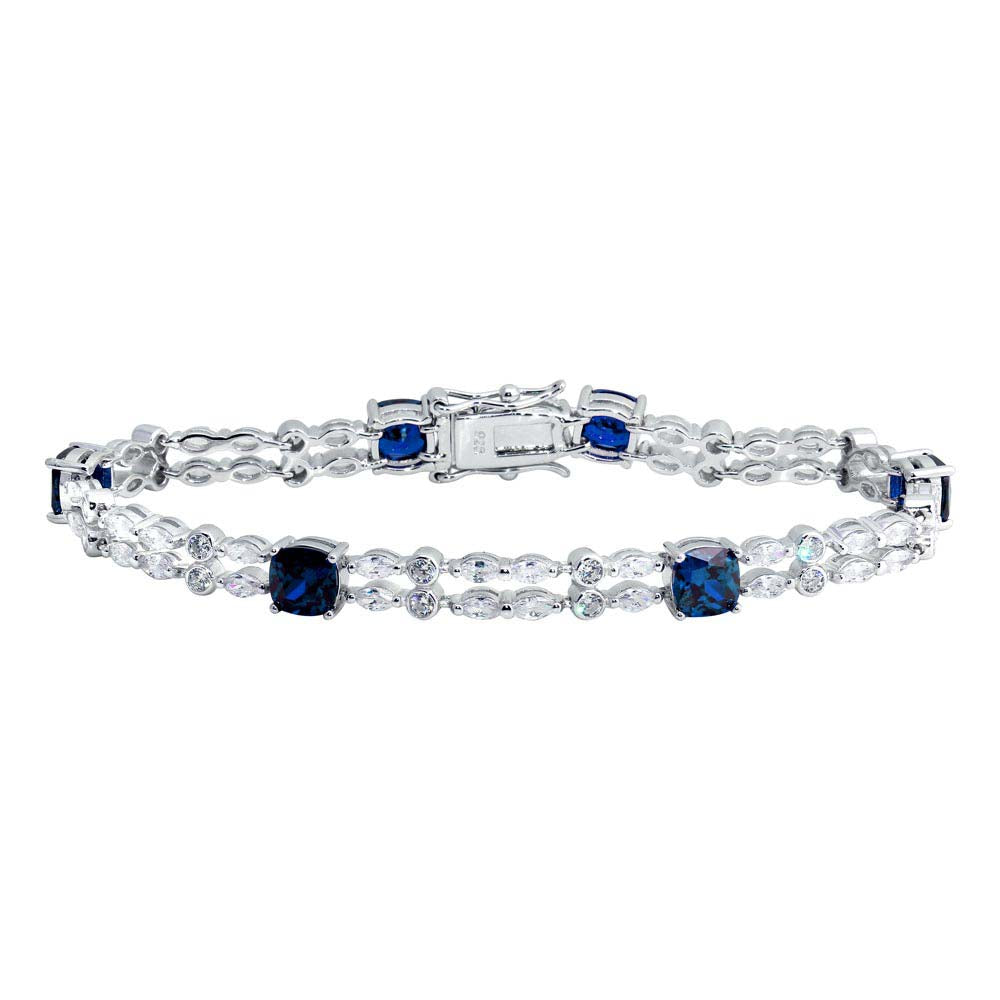 Sterling Silver Rhodium Plated Two Row Clear And Blue CZ Tennis Bracelet