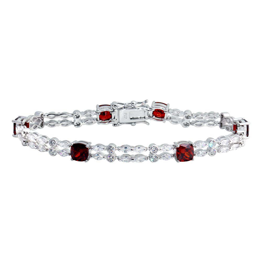 Sterling Silver Rhodium Plated Two Row Clear And Red CZ Tennis Bracelet
