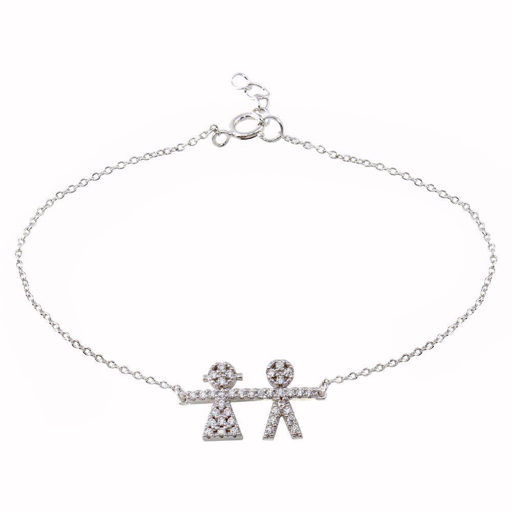 Sterling Silver Rhodium Plated CZ Boy And Girl Chain Bracelet