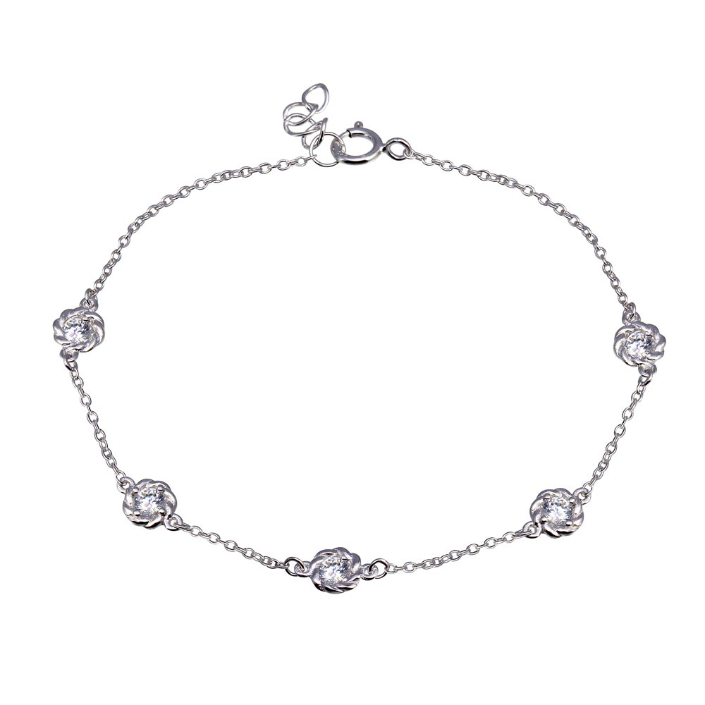 Sterling Silver Rhodium Plated Rope Disc CZ Chain Bracelet