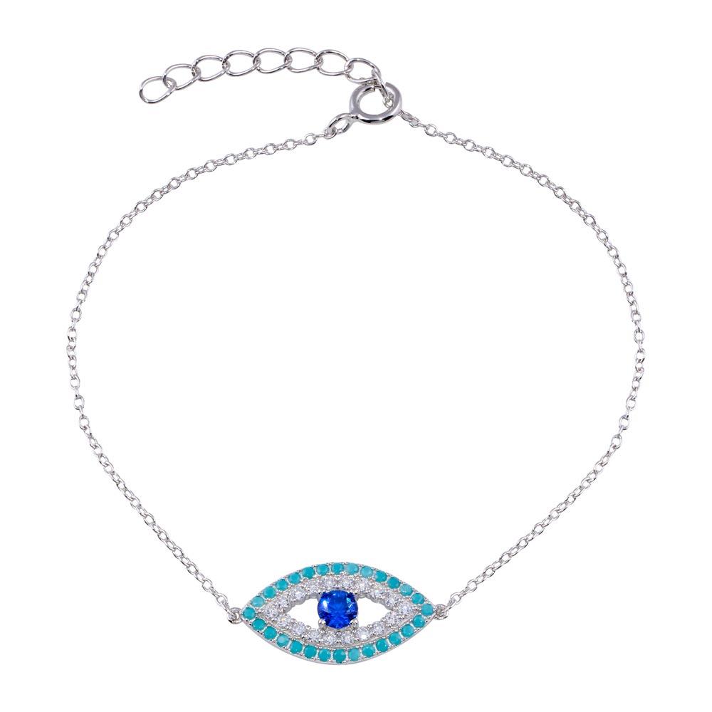 Sterling Silver Rhodium Plated CZ and Turquoise Evil Eye Bracelet