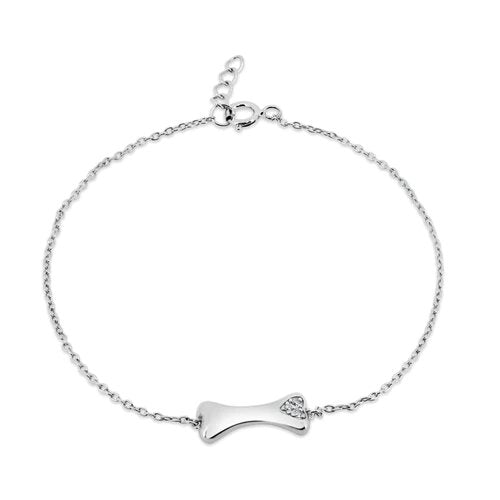 Sterling Silver Rhodium Plated CZ Dog Bone with CZ Heart Bracelet
